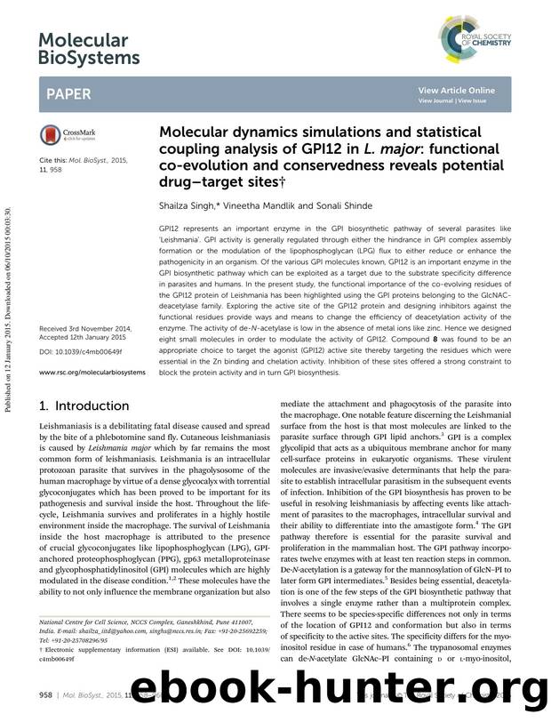 Molecular dynamics simulations and statistical coupling analysis of GPI12 in L. major: functional co-evolution and conservedness reveals potential drug–target sites by Shailza Singh & Vineetha Mandlik & Sonali Shinde
