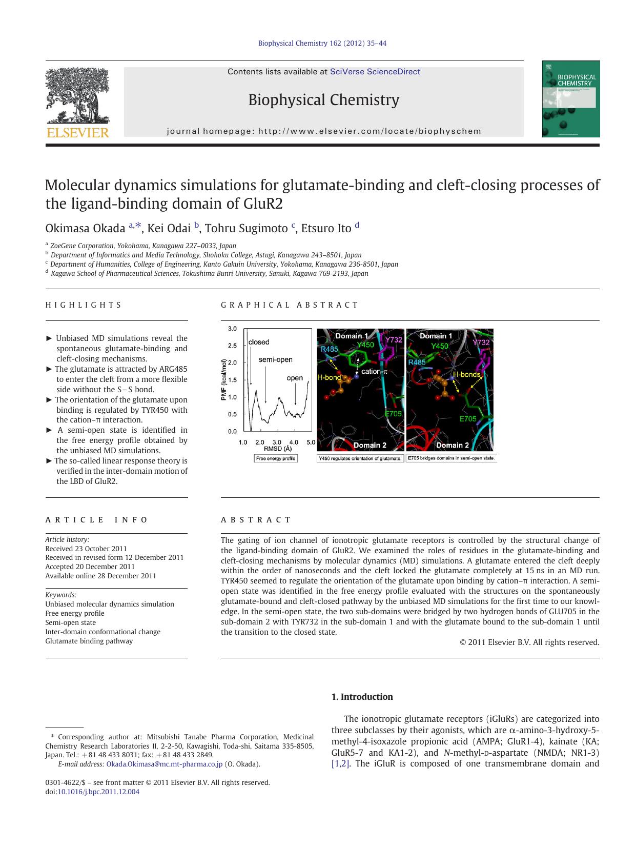 Molecular dynamics simulations for glutamate-binding and cleft-closing processes of the ligand-binding domain of GluR2 by Okimasa Okada & Kei Odai & Tohru Sugimoto & Etsuro Ito