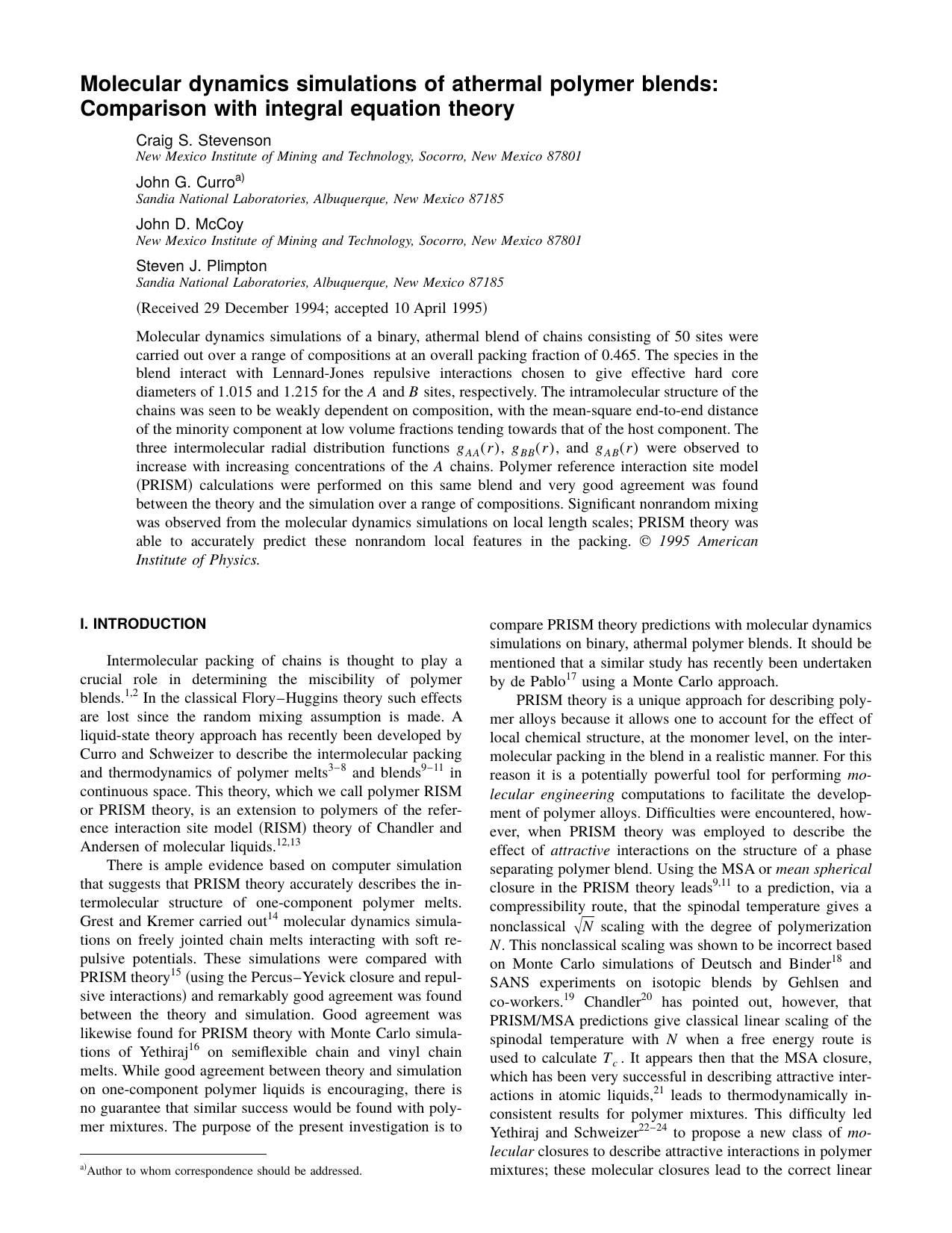 Molecular dynamics simulations of athermal polymer blends: Comparison with integral equation theory by Craig S. Stevenson & John G. Curro & John D. McCoy & Steven J. Plimpton