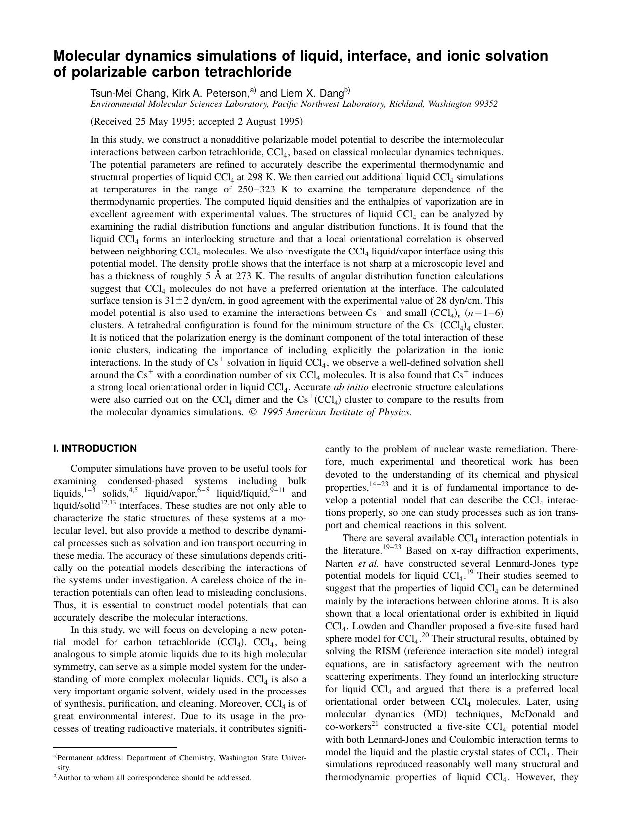 Molecular dynamics simulations of liquid, interface, and ionic solvation of polarizable carbon tetrachloride by Tsun-Mei Chang & Kirk A. Peterson & and Liem X. Dang