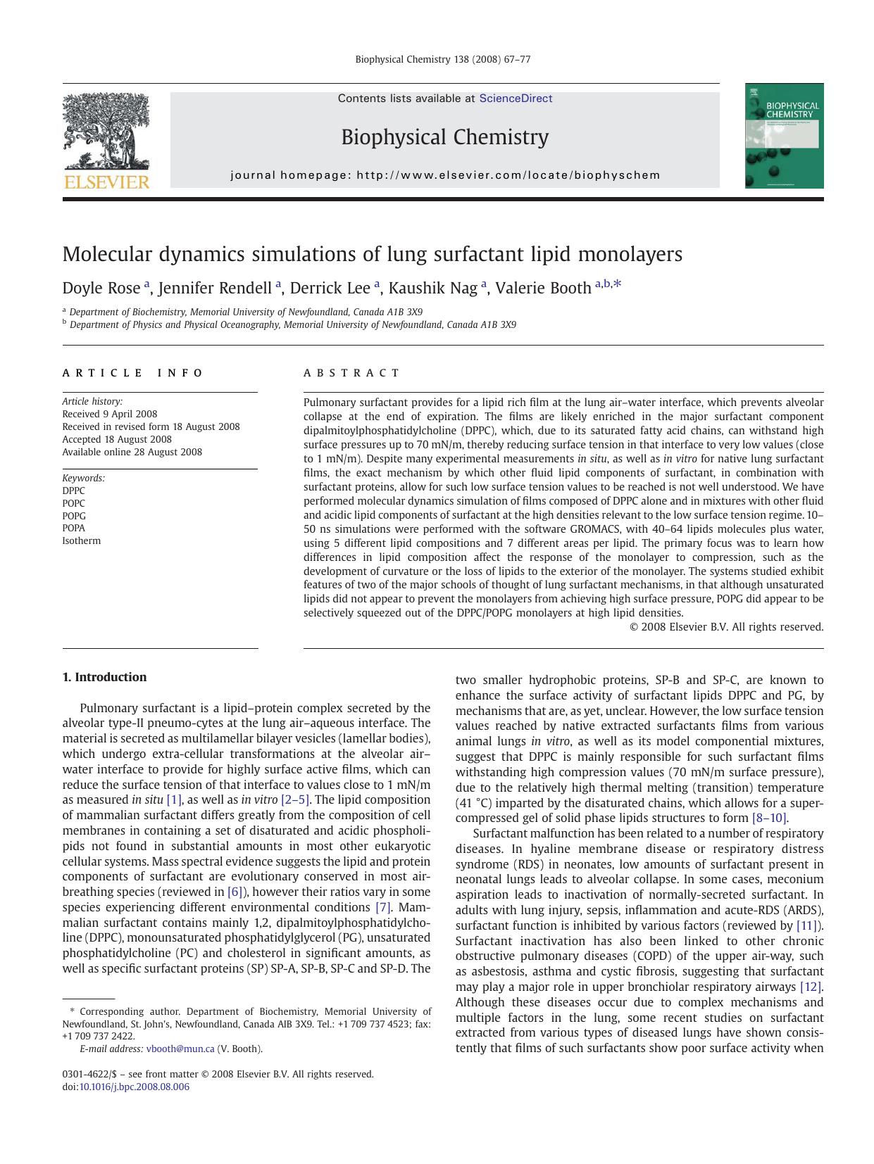 Molecular dynamics simulations of lung surfactant lipid monolayers by Doyle Rose; Jennifer Rendell; Derrick Lee; Kaushik Nag; Valerie Booth