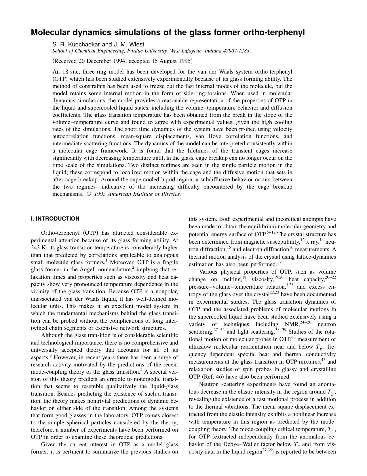Molecular dynamics simulations of the glass former ortho-terphenyl by S. R. Kudchadkar and J. M. Wiest