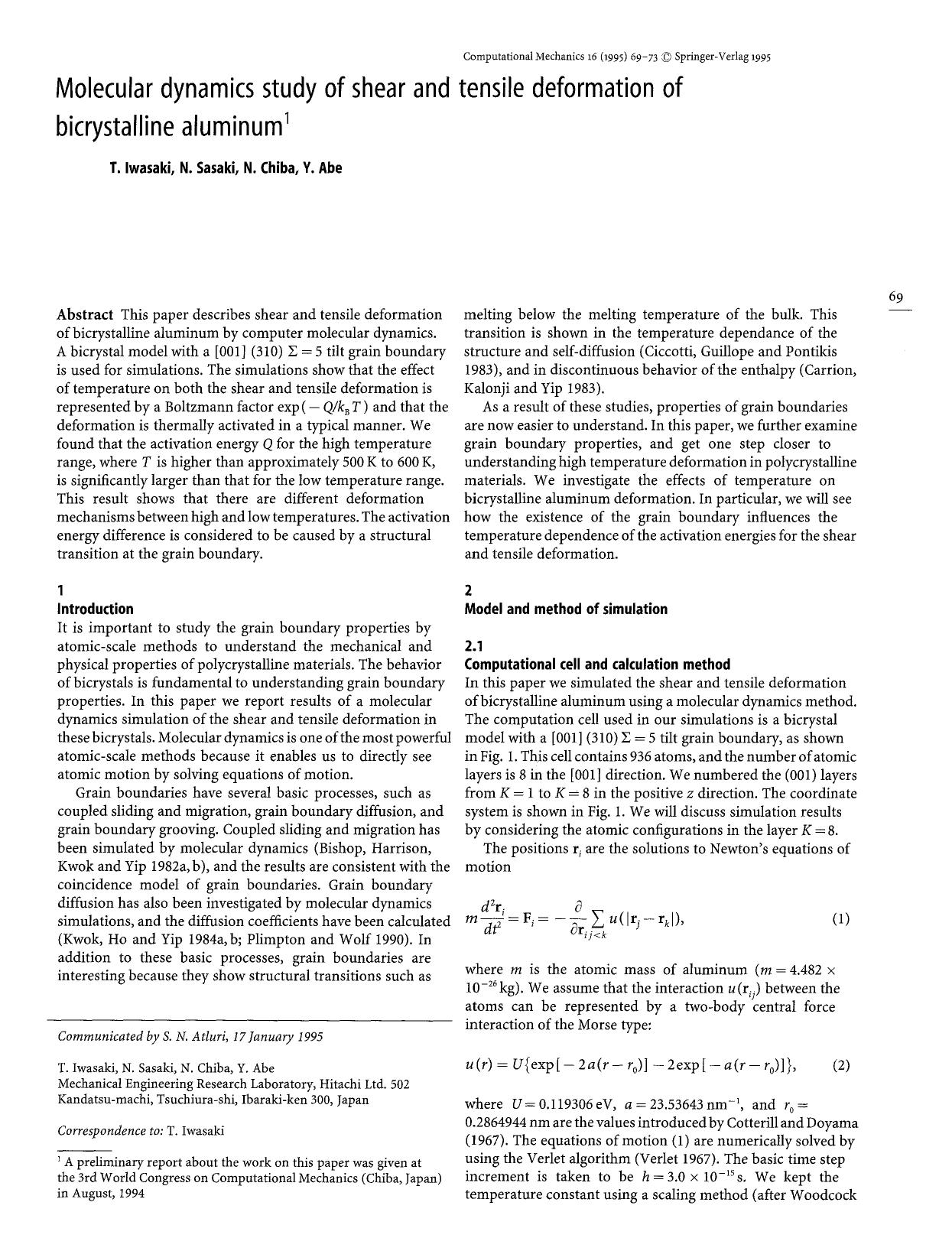 Molecular dynamics study of shear and tensile deformation of bicrystalline aluminum by Unknown