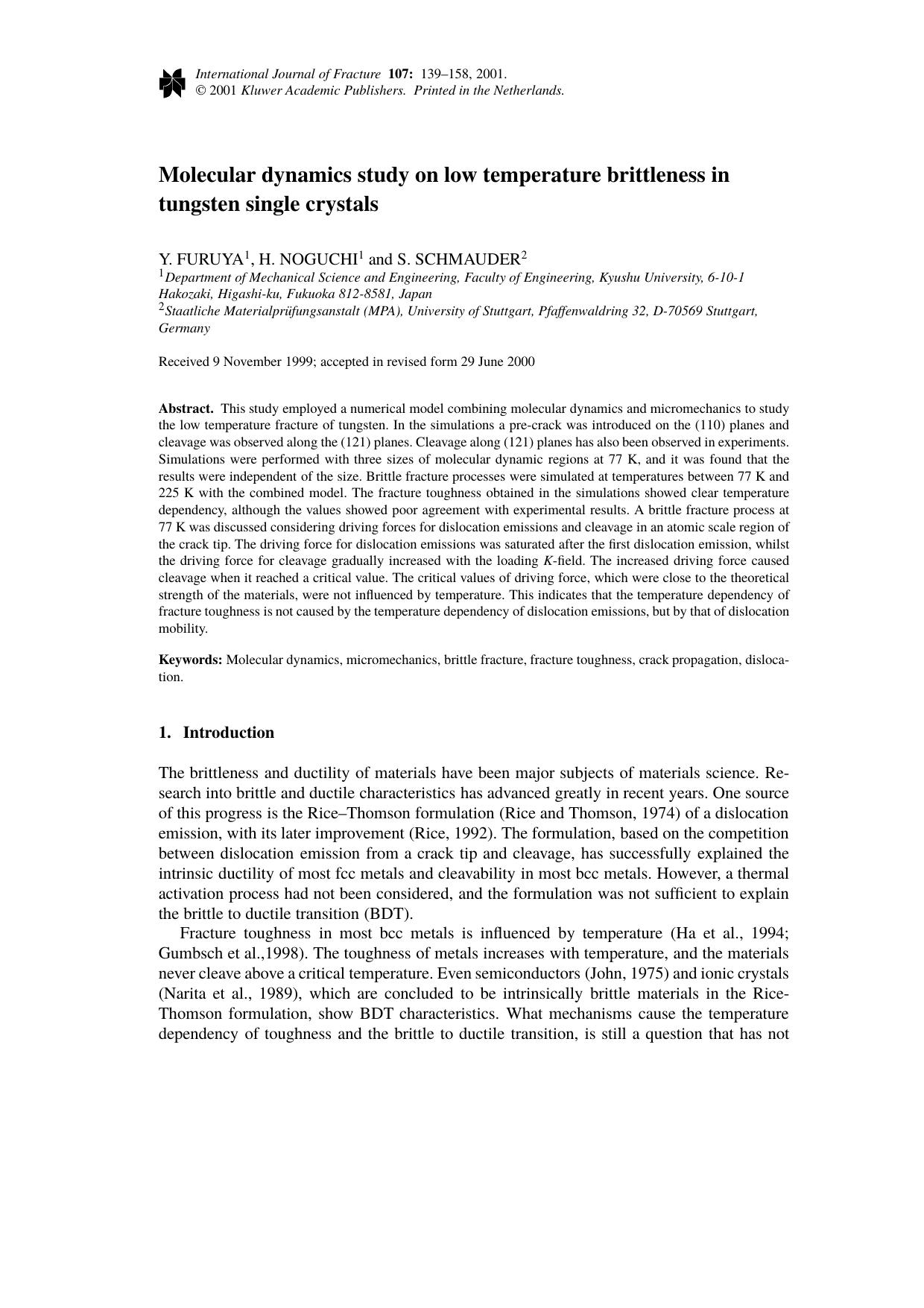 Molecular dynamics study on low temperature brittleness in tungsten single crystals by Unknown