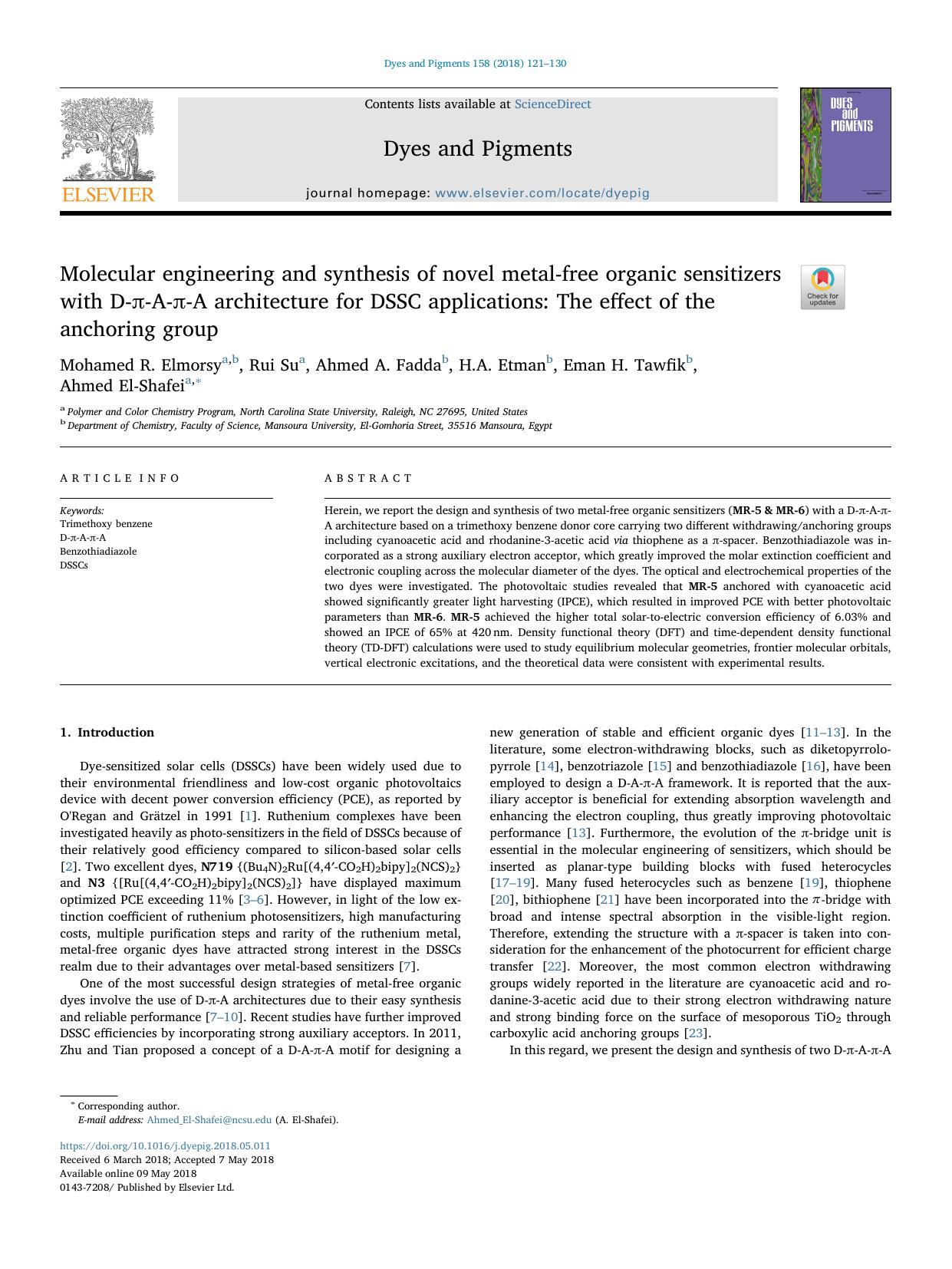 Molecular engineering and synthesis of novel metal-free organic sensitizers with D-π-A-π-A architecture for DSSC applications_ The effect of the anchoring group by Mohamed R. Elmorsy & Rui Su & Ahmed A. Fadda & H.A. Etman & Eman H. Tawfik & Ahmed El-Shafei