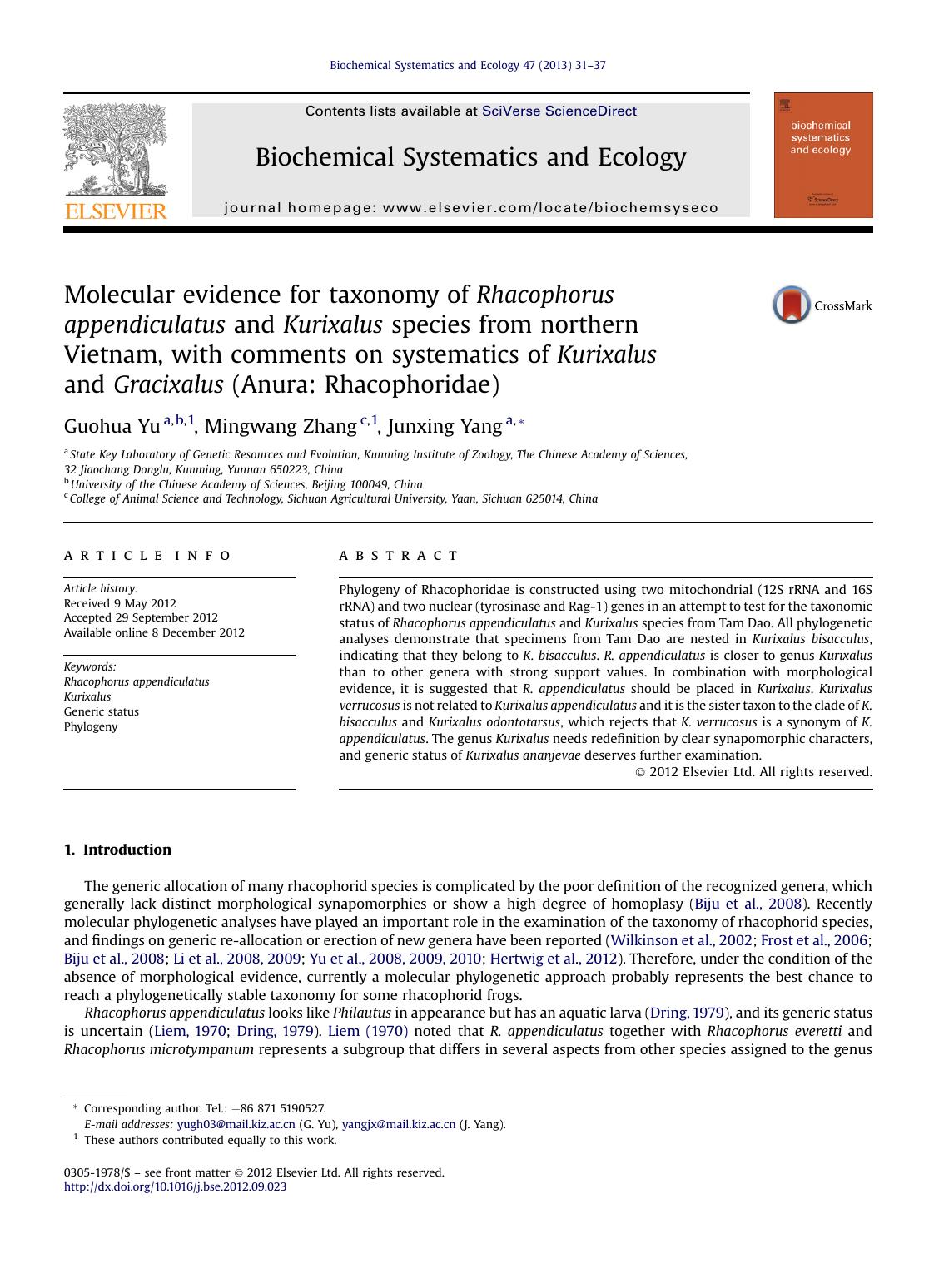 Molecular evidence for taxonomy of Rhacophorus appendiculatus and Kurixalus species from northern Vietnam, with comments on systematics of Kurixalus and Gracixalus (Anura: Rhacophoridae) by Guohua Yu & Mingwang Zhang & Junxing Yang