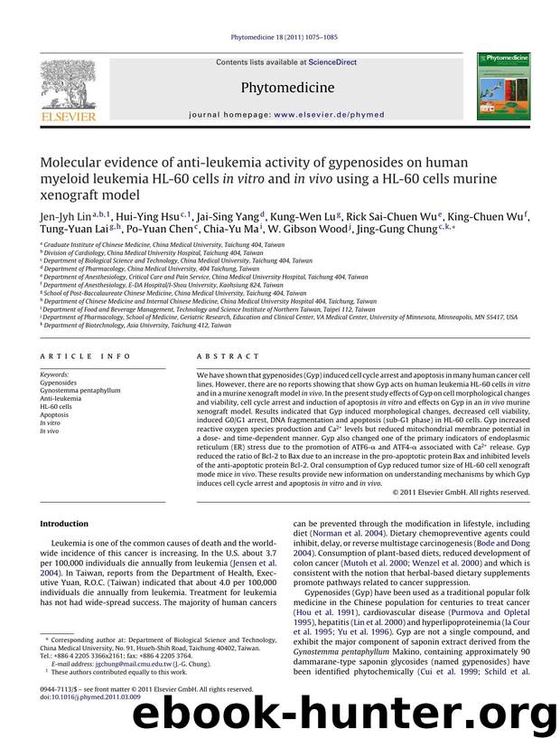 Molecular evidence of anti-leukemia activity of gypenosides on human myeloid leukemia HL-60 cells in vitro and in vivo using a HL-60 cells murine xenograft model by Jen-Jyh Lin