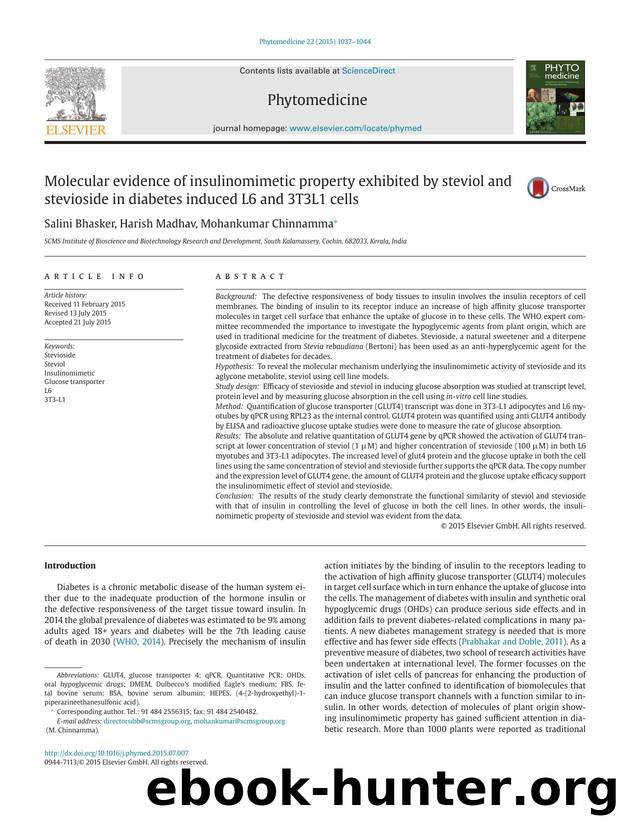 Molecular evidence of insulinomimetic property exhibited by steviol and stevioside in diabetes induced L6 and 3T3L1 cells by Salini Bhasker & Harish Madhav & Mohankumar Chinnamma