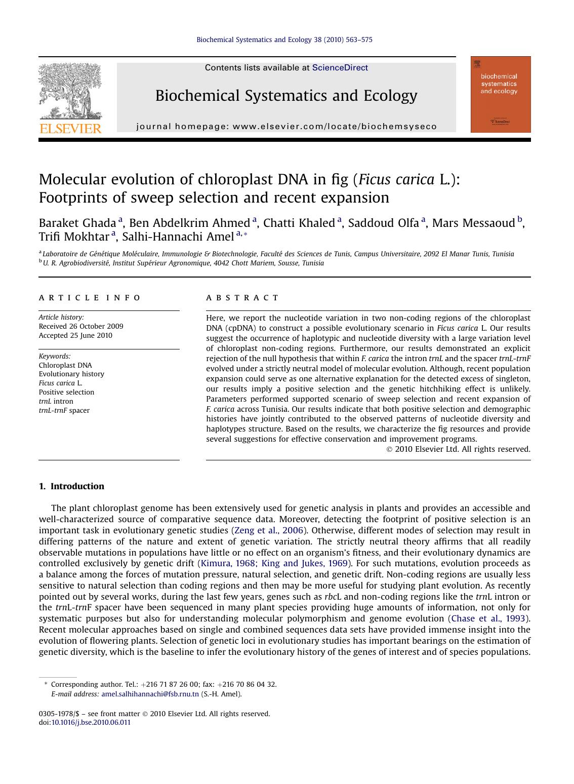 Molecular evolution of chloroplast DNA in fig (Ficus carica L.): Footprints of sweep selection and recent expansion by unknow