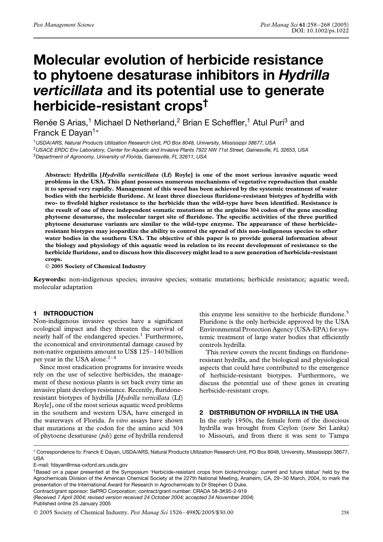 Molecular evolution of herbicide resistance to phytoene desaturase inhibitors in Hydrilla verticillata and its potential use to generate herbicide-resistant crops by Unknown