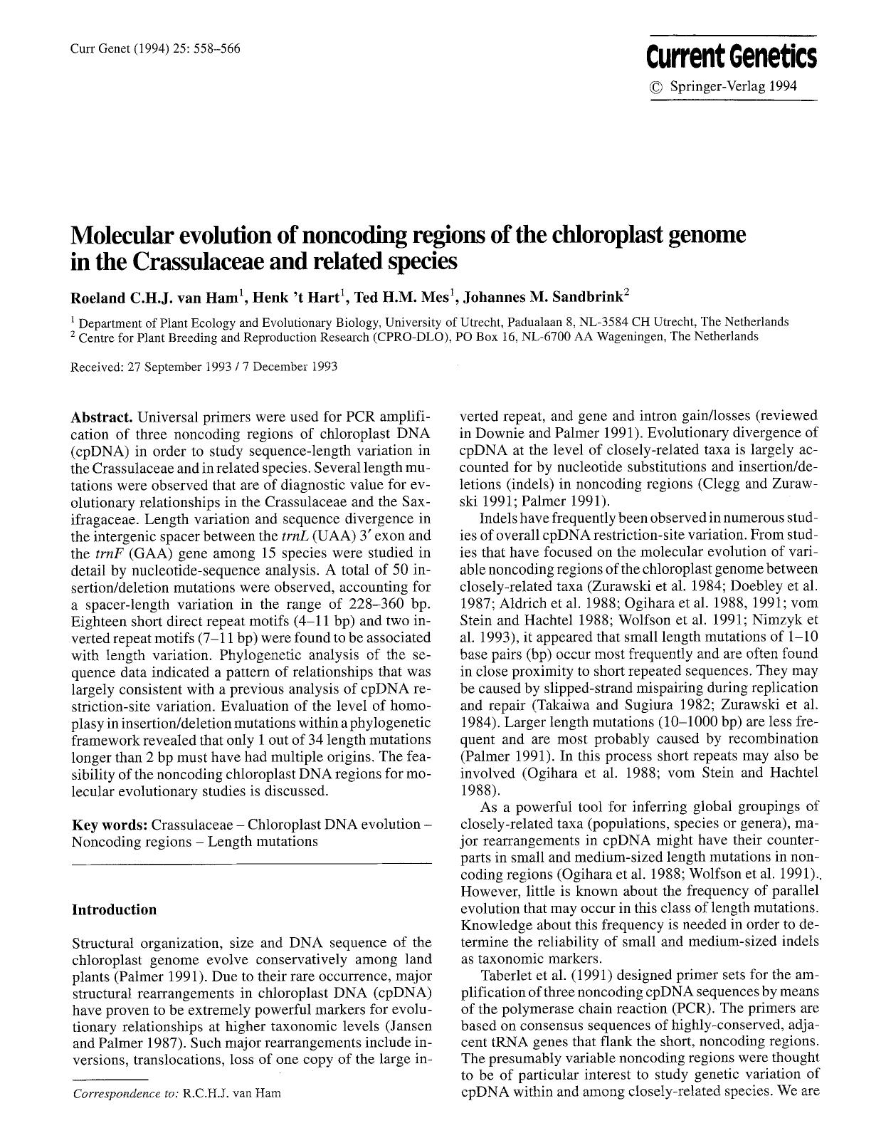 Molecular evolution of noncoding regions of the chloroplast genome in the Crassulaceae and related species by Unknown