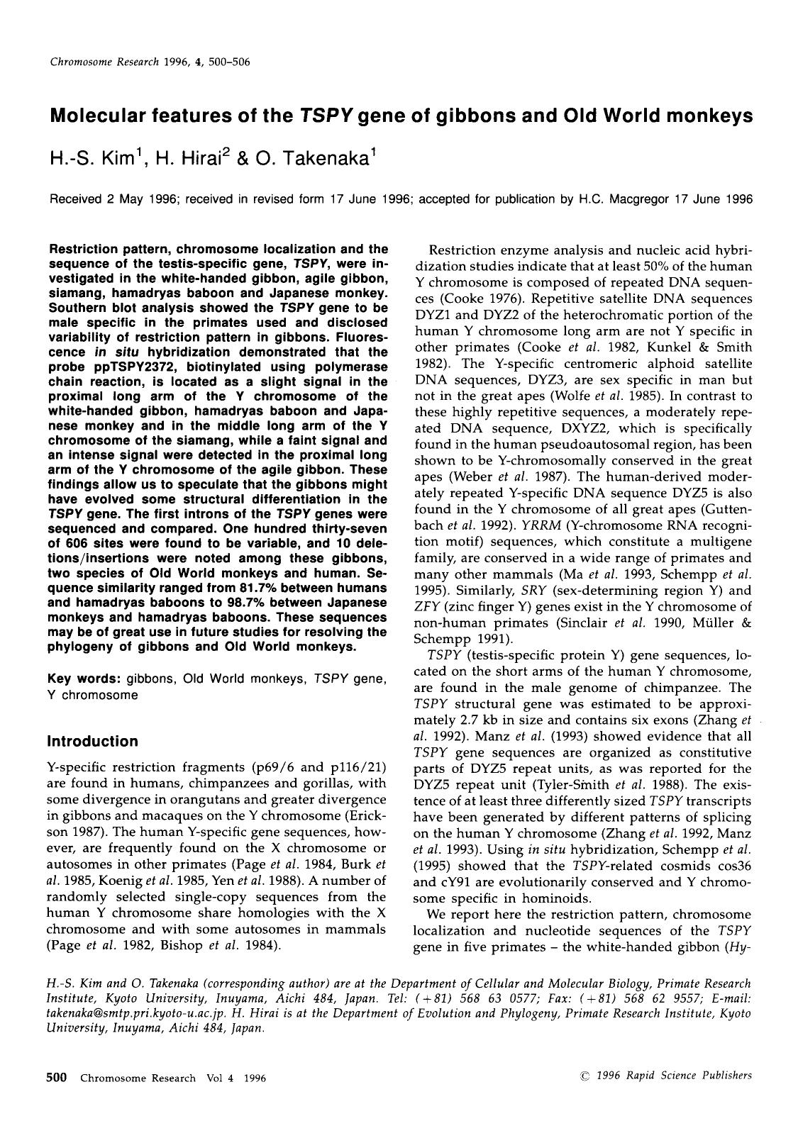 Molecular features of the <Emphasis Type="Italic">TSPY <Emphasis> gene of gibbons and Old World monkeys by Unknown