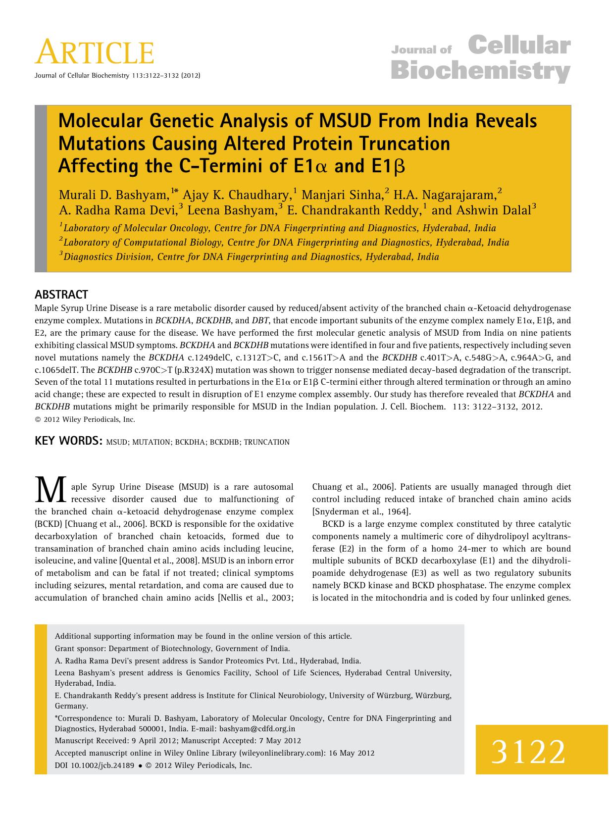 Molecular genetic analysis of MSUD from India reveals mutations causing altered protein truncation affecting the Ctermini of E1 and E1 by Unknown