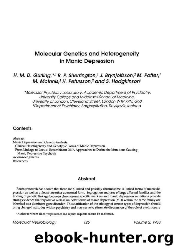 Molecular genetics and heterogeneity in manic depression by Unknown