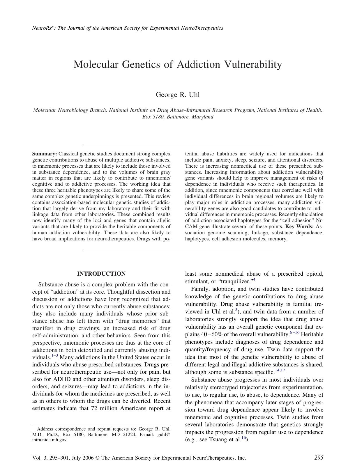 Molecular genetics of addiction vulnerability by Unknown