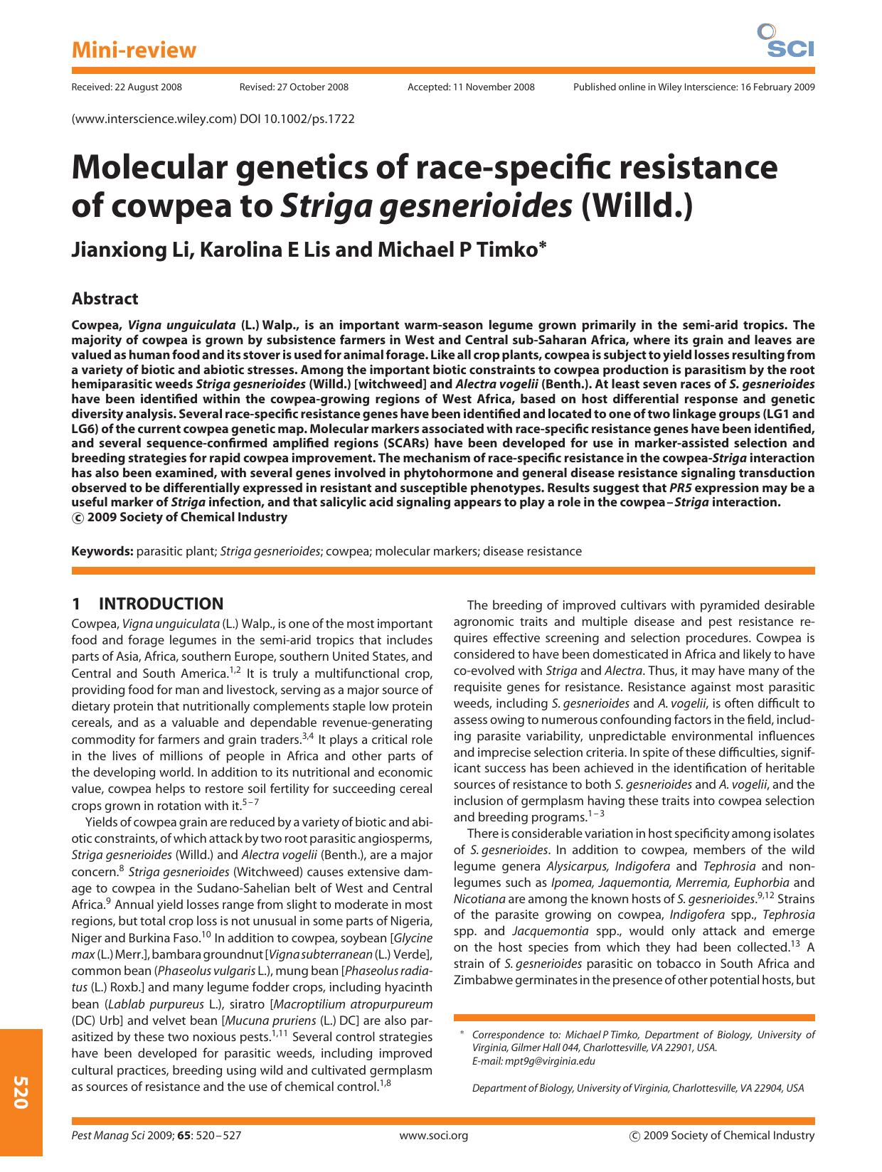 Molecular genetics of race-specific resistance of cowpea to Striga gesnerioides (Willd.) by Unknown