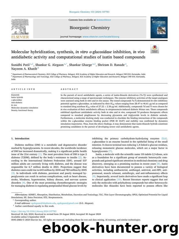 Molecular hybridization, synthesis, in vitro Î±-glucosidase inhibition, in vivo antidiabetic activity and computational studies of isatin based compounds by Sunidhi Patil & Shankar G. Alegaon & Shankar Gharge & Shriram D. Ranade & Nayeem A. Khatib