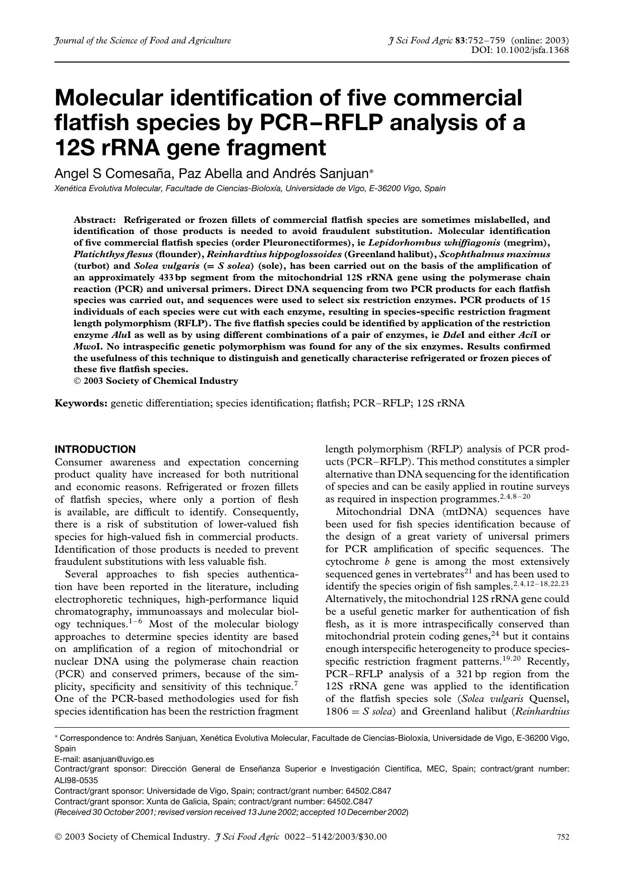 Molecular identification of five commercial flatfish species by PCR-RFLP analysis of a 12S rRNA gene fragment by Unknown