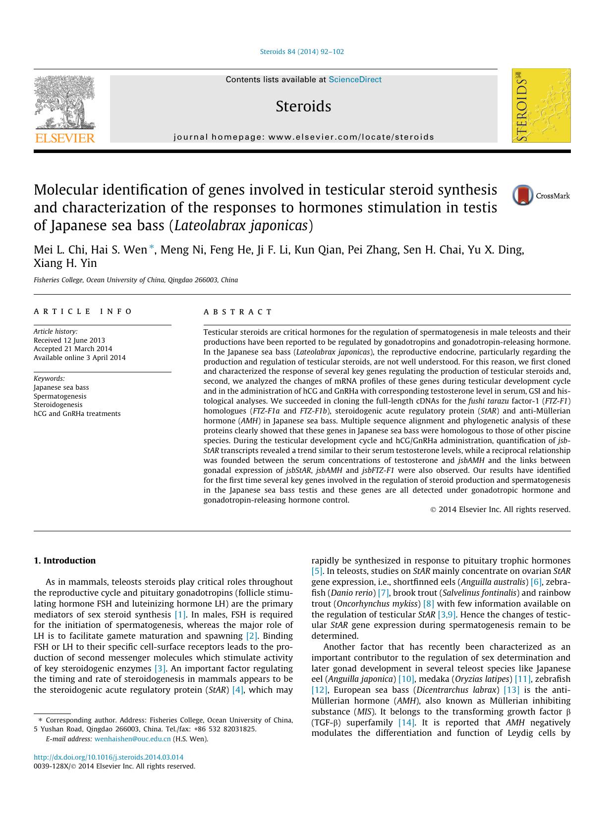 Molecular identification of genes involved in testicular steroid synthesis and characterization of the responses to hormones stimulation in testis of Japanese sea bass (Lateolabrax japonicas) by unknow