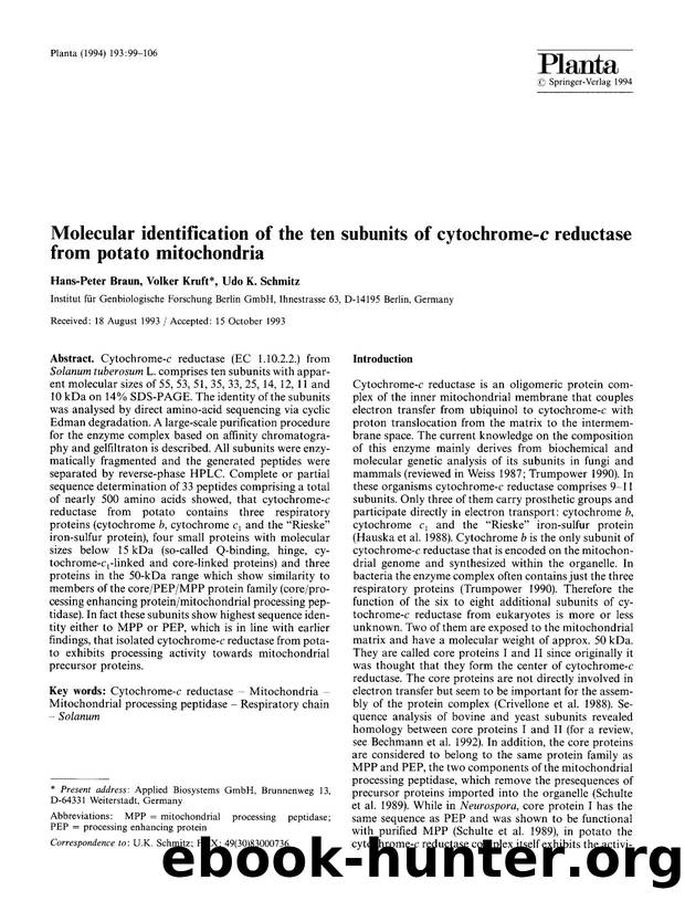 Molecular identification of the ten subunits of cytochrome- <Emphasis Type="Italic">c <Emphasis> reductase from potato mitochondria by Unknown