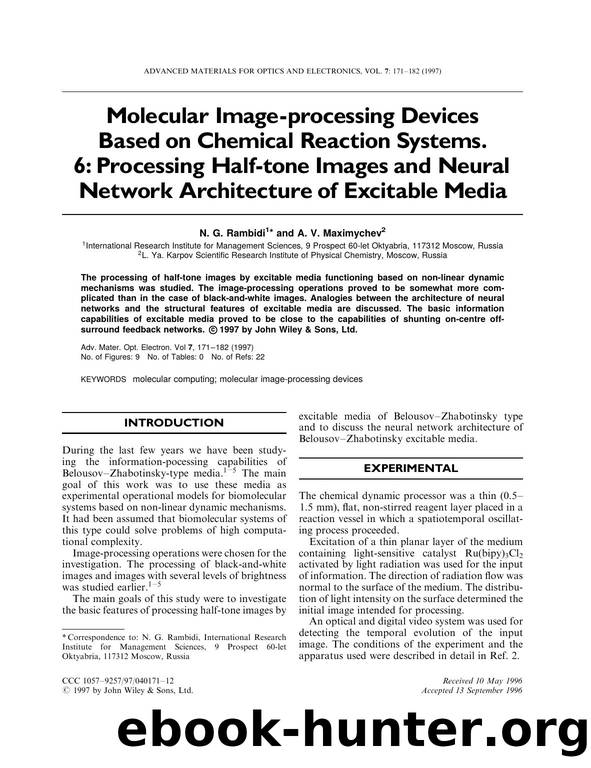 Molecular image-processing devices based on chemical reaction systems. 6: Processing half-tone images and neural network architecture of excitable media by Unknown