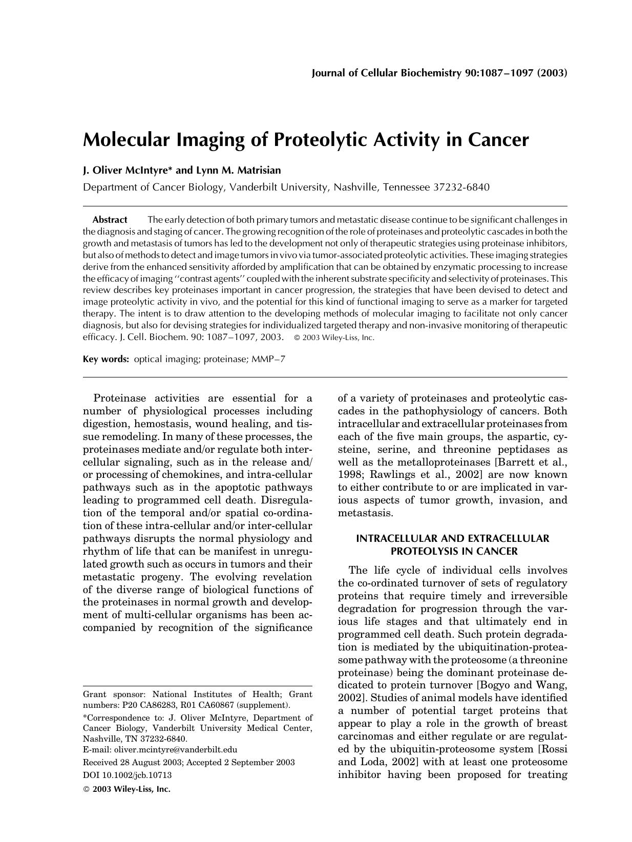 Molecular imaging of proteolytic activity in cancer by Unknown
