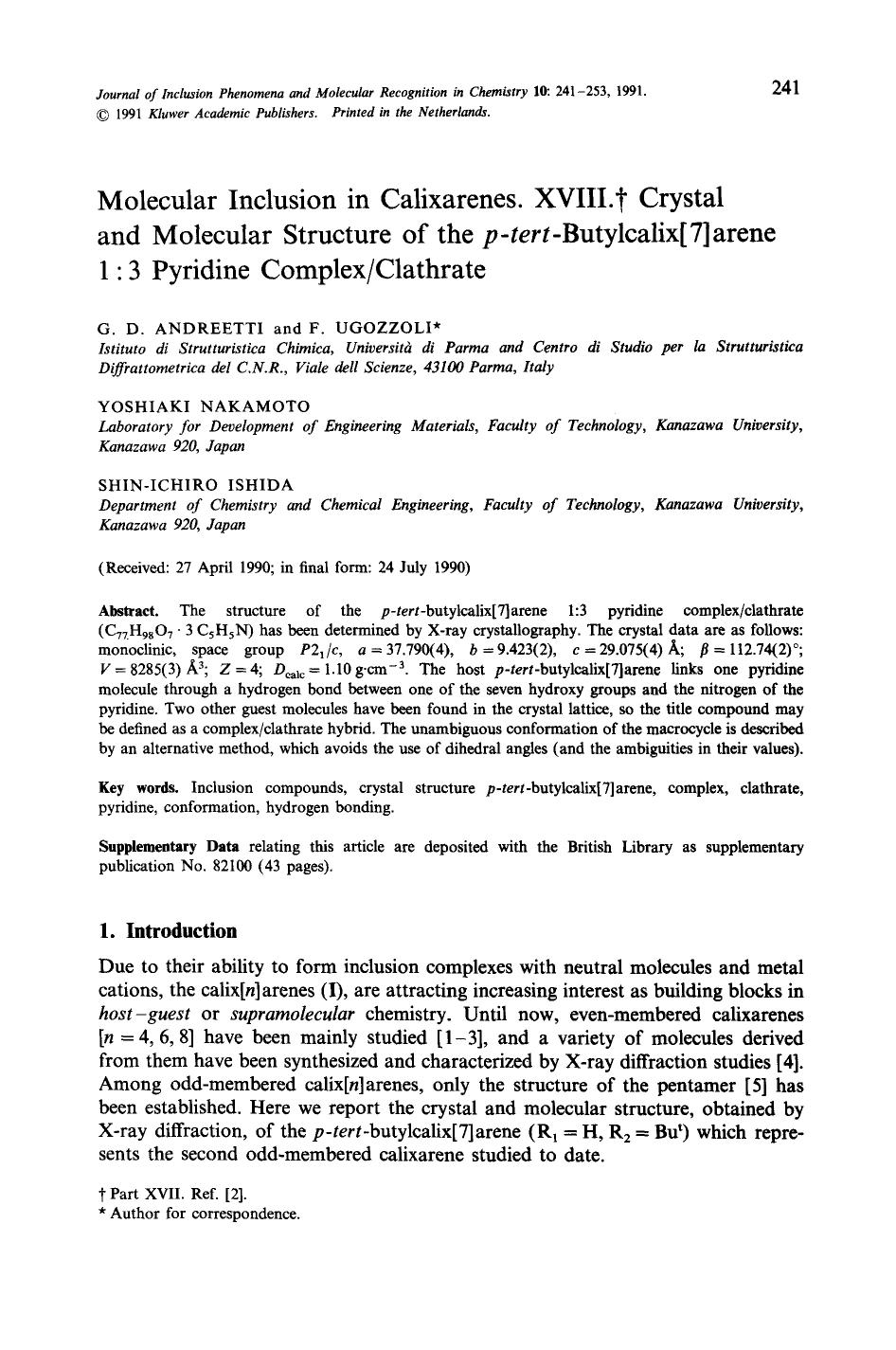 Molecular inclusion in calixarenes. XVIII. Crystal and molecular structure of the <Emphasis Type="Italic">p-tert <Emphasis>-butylcalix[7]arene 1 : 3 pyridine complexclathrate by Unknown