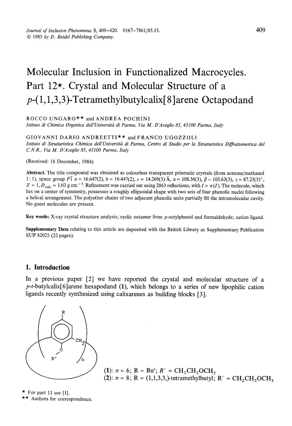 Molecular inclusion in functionalized macrocycles. Part 12. Crystal and molecular structure of a <Emphasis Type="Italic">p <Emphasis>-(1,1,3,3)-tetramethylbutylcalix[8]arene octapodand by Unknown