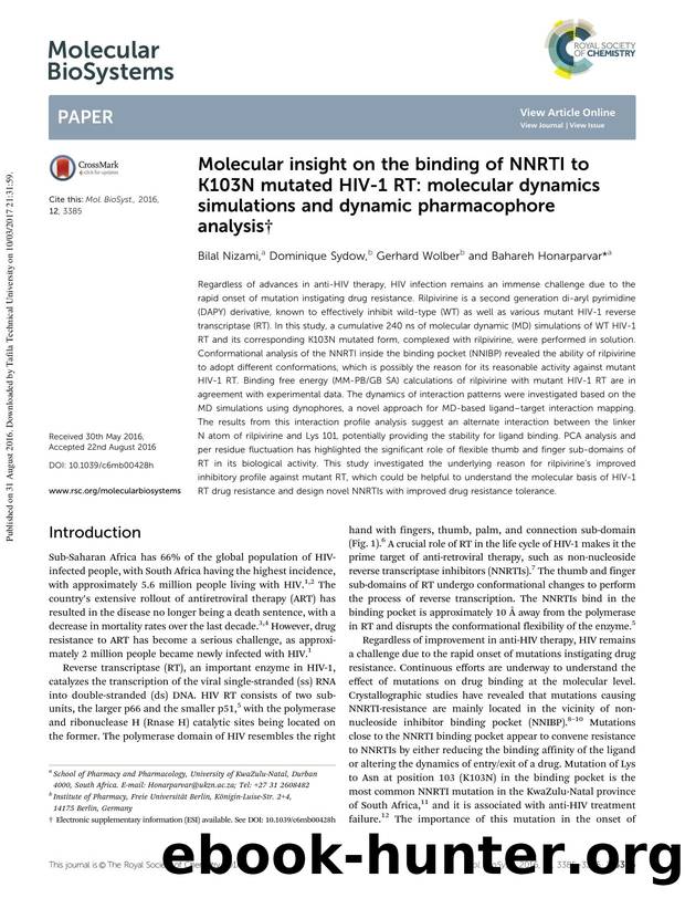 Molecular insight on the binding of NNRTI to K103N mutated HIV-1 RT: molecular dynamics simulations and dynamic pharmacophore analysis by Bilal Nizami & Dominique Sydow & Gerhard Wolber & Bahareh Honarparvar