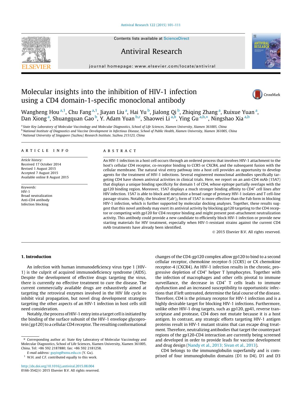 Molecular insights into the inhibition of HIV-1 infection using a CD4 domain-1-specific monoclonal antibody by unknow