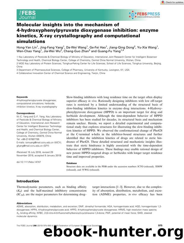 Molecular insights into the mechanism of 4âhydroxyphenylpyruvate dioxygenase inhibition: enzyme kinetics, Xâray crystallography and computational simulations by Unknown