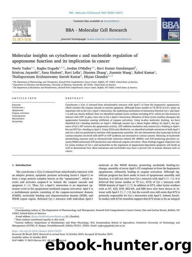 Molecular insights on cytochrome c and nucleotide regulation of apoptosome function and its implication in cancer by unknow