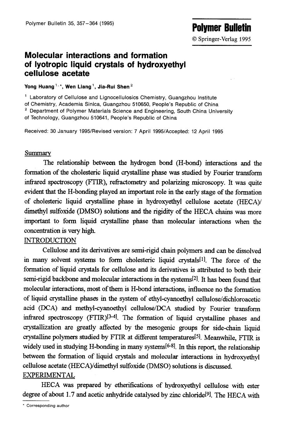 Molecular interactions and formation of lyotropic liquid crystals of hydroxyethyl cellulose acetate by Unknown