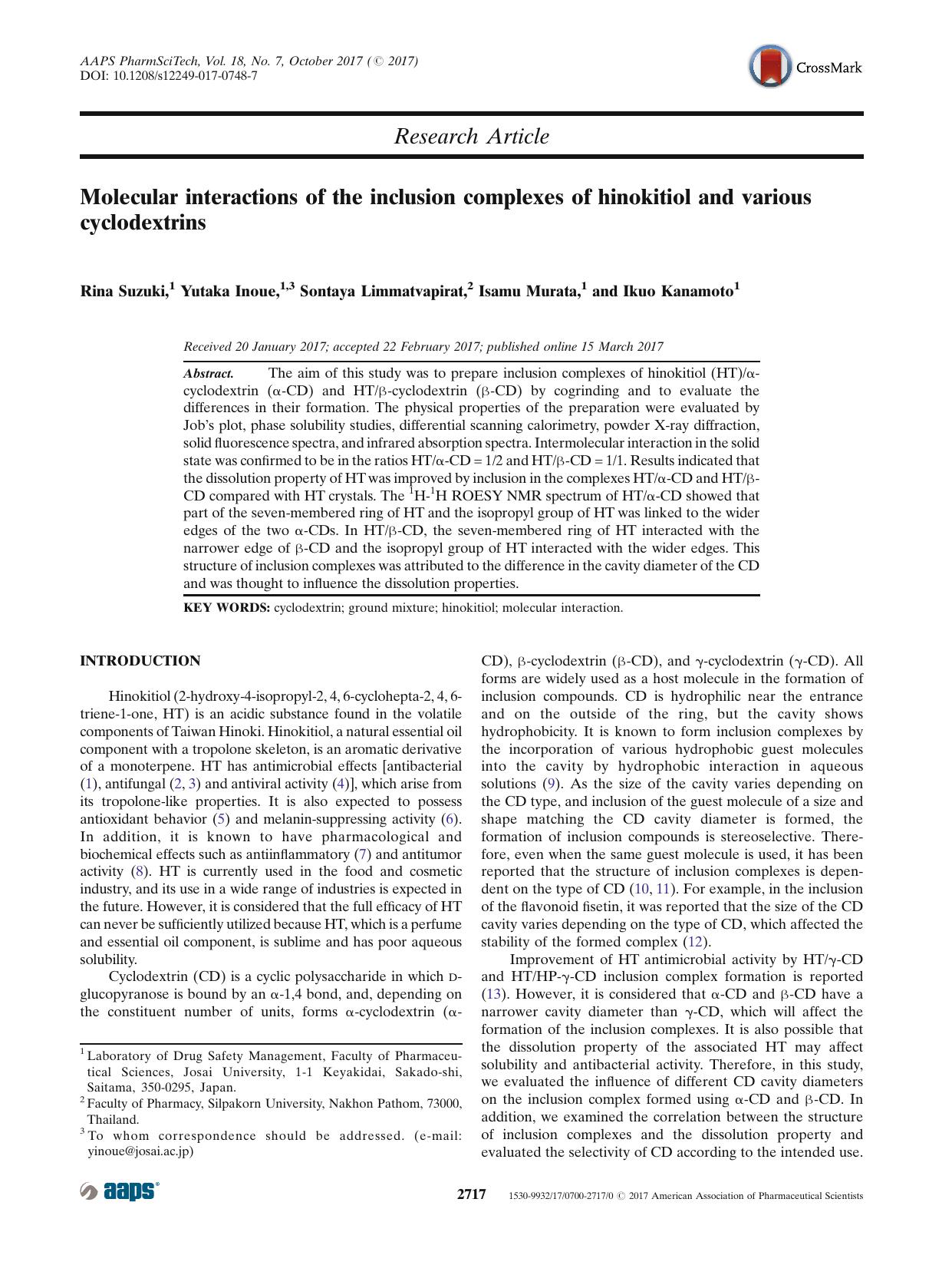 Molecular interactions of the inclusion complexes of hinokitiol and various cyclodextrins by Rina Suzuki & Yutaka Inoue & Sontaya Limmatvapirat & Isamu Murata & Ikuo Kanamoto