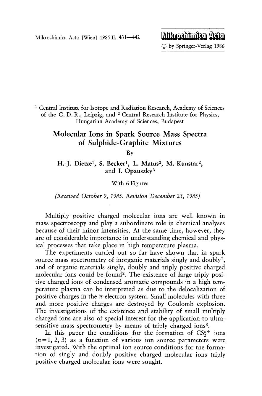Molecular ions in spark source mass spectra of sulphide-graphite mixtures by Unknown