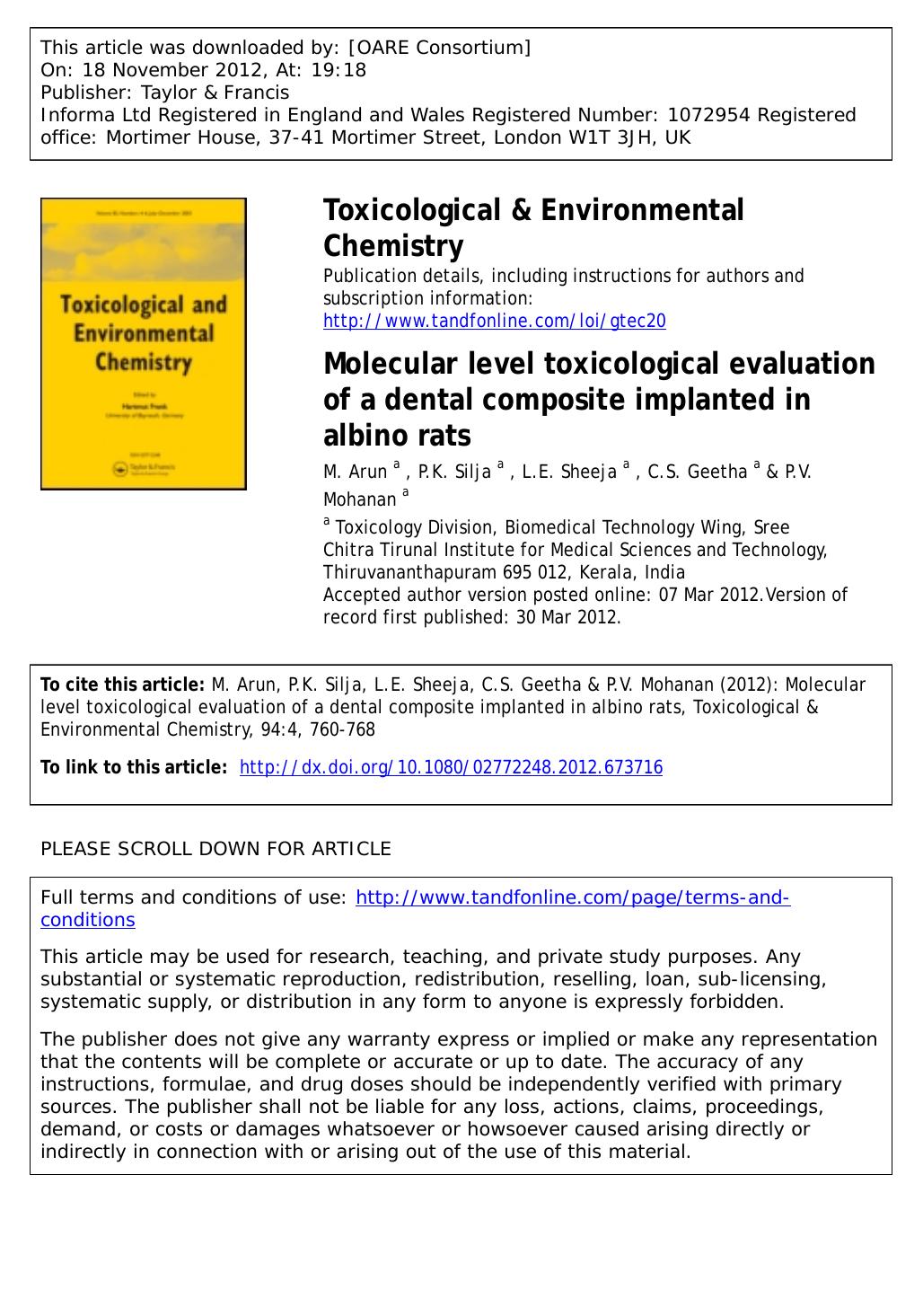 Molecular level toxicological evaluation of a dental composite implanted in albino rats by M. Arun P.K. Silja L.E. Sheeja C.S. Geetha & P.V. Mohanan