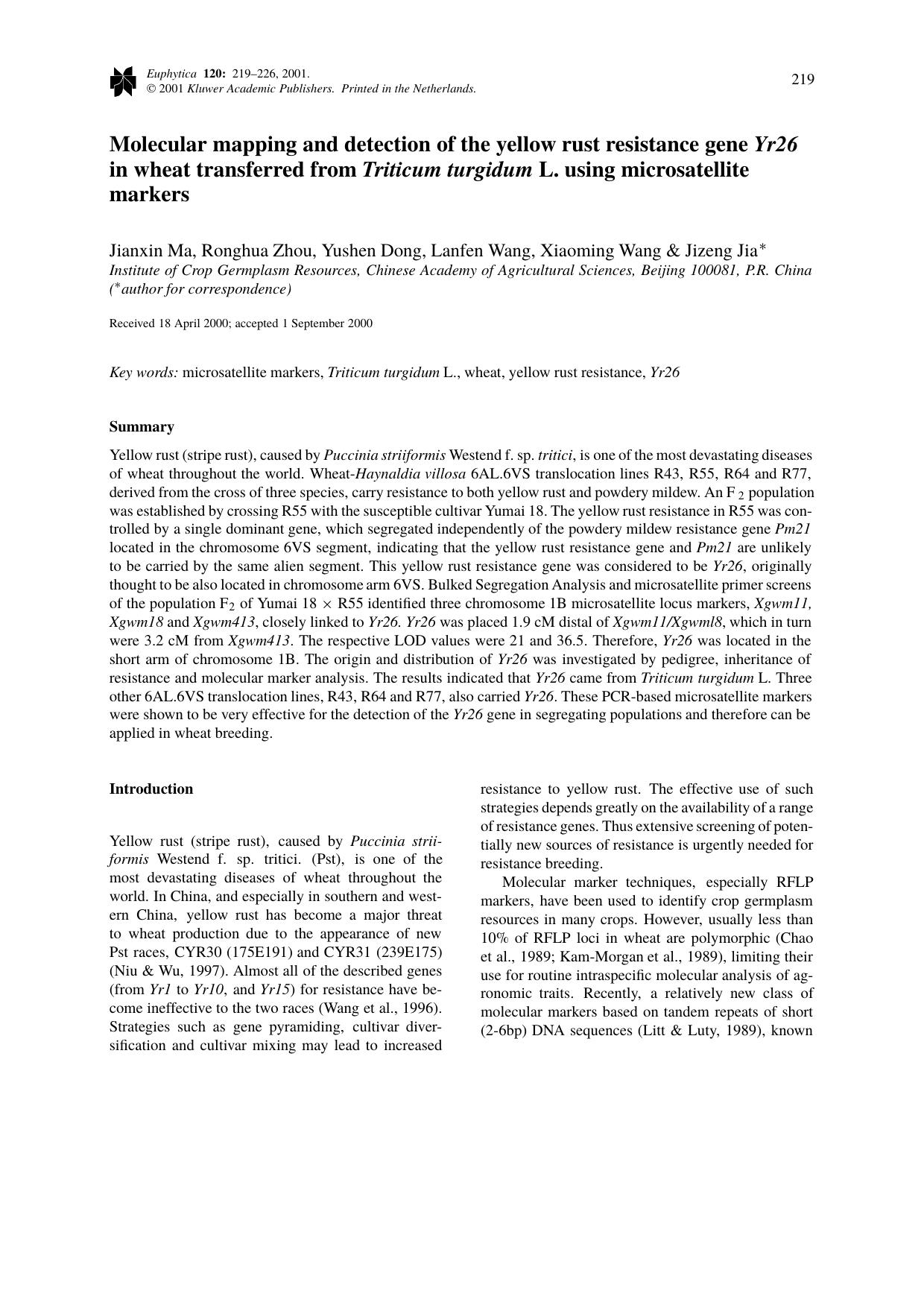 Molecular mapping and detection of the yellow rust resistance gene Yr26 in wheat transferred from Triticum turgidum L. using microsatellite markers by Unknown