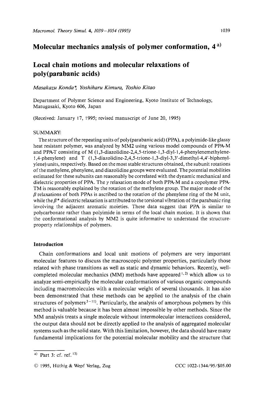 Molecular mechanics analysis of polymer conformation, 4. Local chain motions and molecular relaxations of poly(parabanic acids) by Unknown