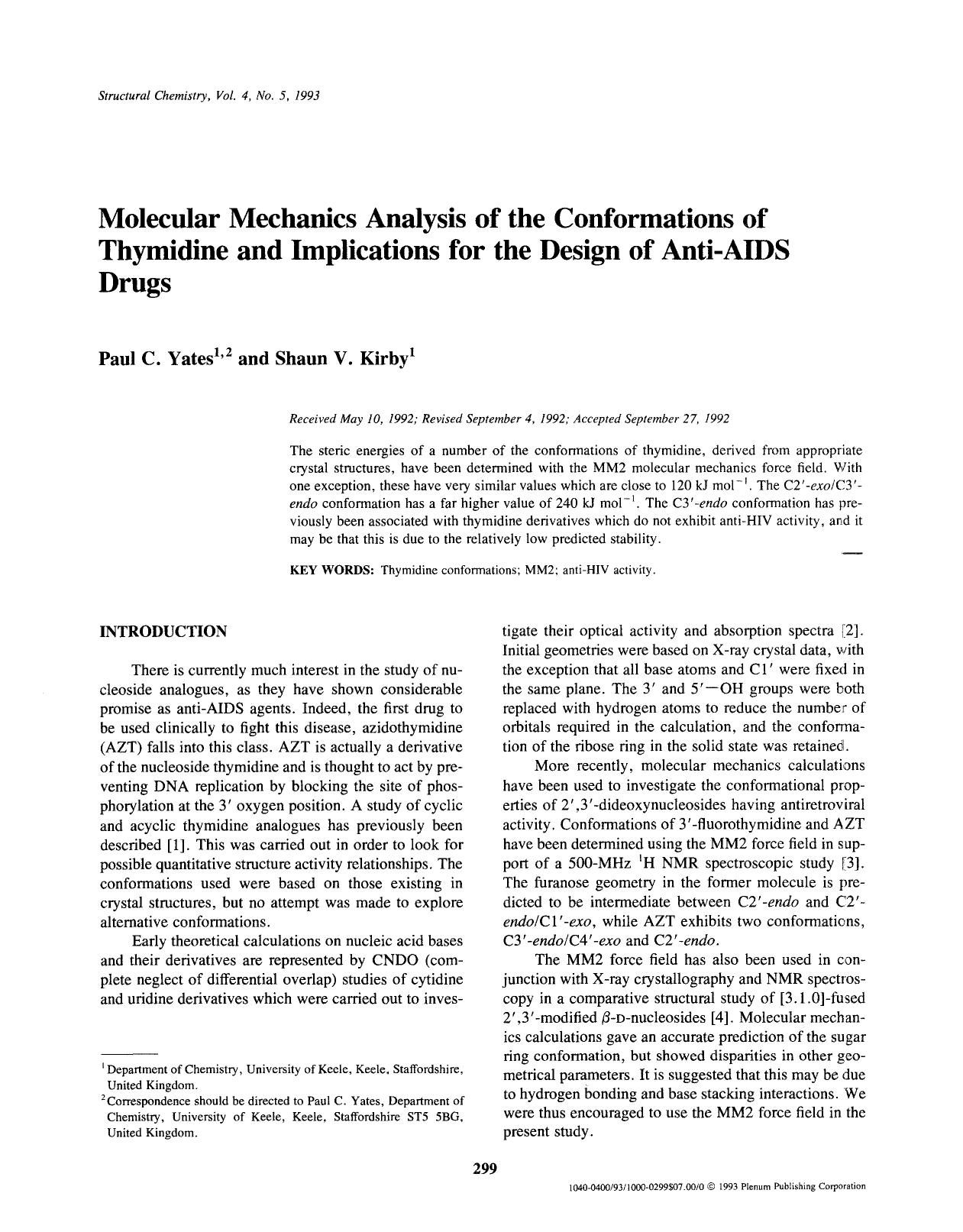 Molecular mechanics analysis of the conformations of thymidine and implications for the design of anti-AIDS drugs by Unknown