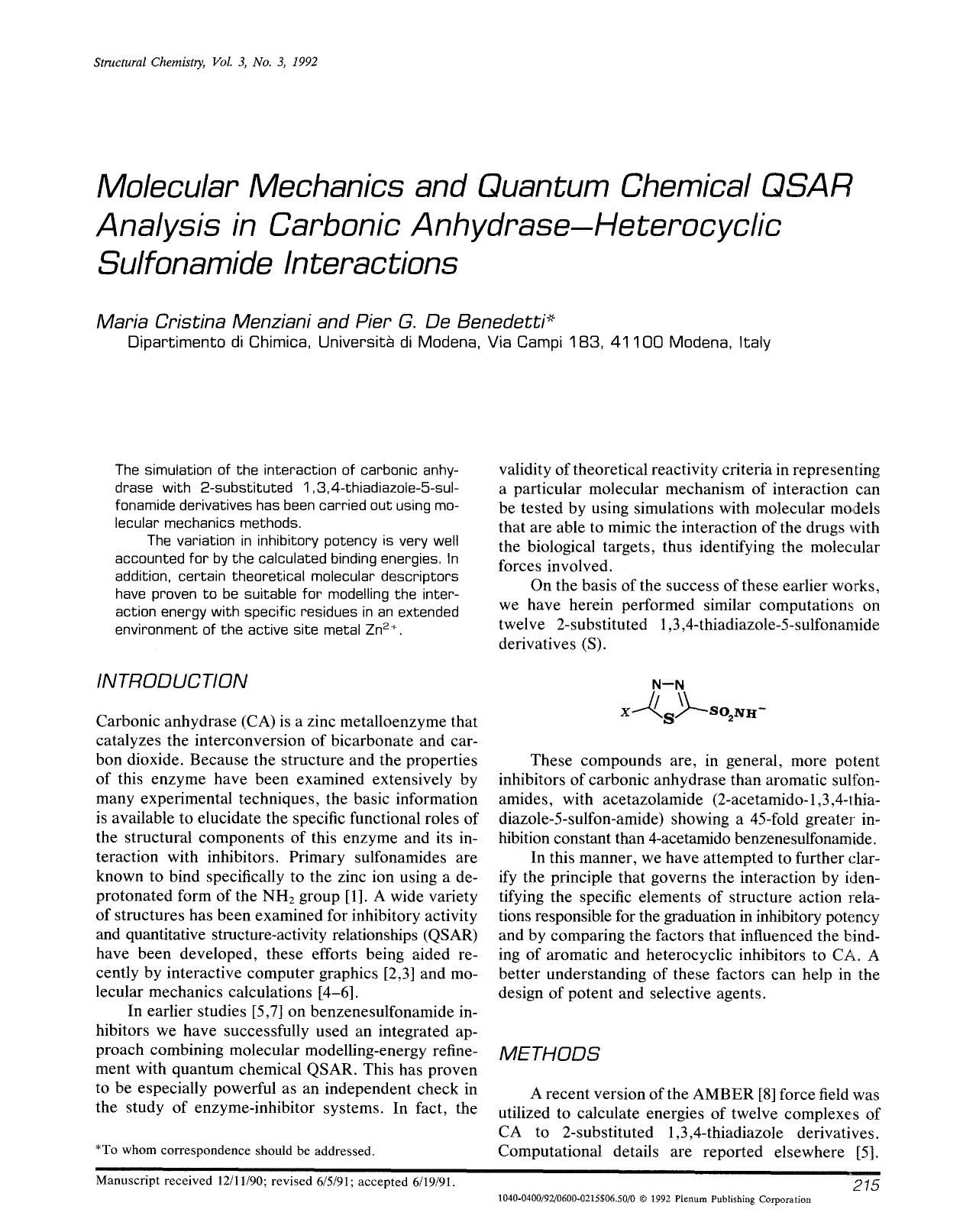 Molecular mechanics and quantum chemical qsar analysis in carbonic anhydrase-heterocyclic sulfonamide interactions by Unknown