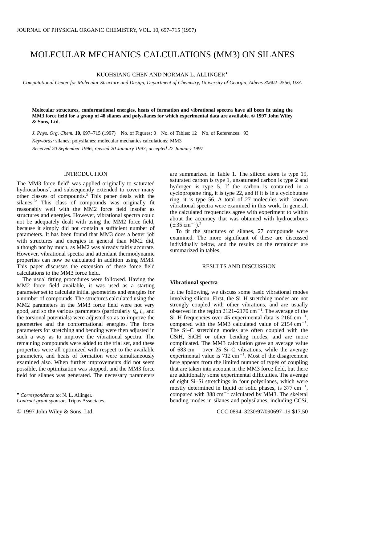 Molecular mechanics calculations (MM3) on silanes by CHEN ALLINGER