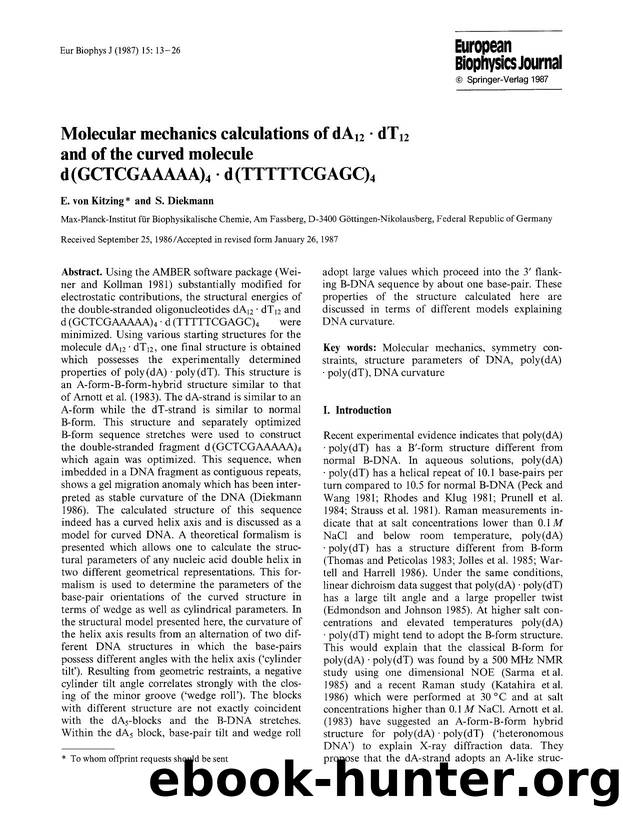 Molecular mechanics calculations of dA<Subscript>12<Subscript>&#x00B7;dT<Subscript>12<Subscript> and of the curved molecule d(GCTCGAAAAA)<Subscript>4<Subscript>&#x00B7;d(TTTTTCGAGC by Unknown