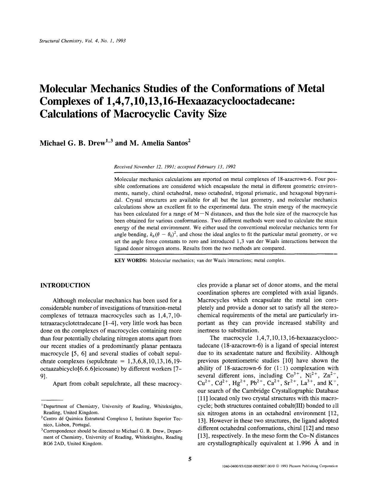 Molecular mechanics studies of the conformations of metal complexes of 1,4,7,10,13,16-hexaazacyclooctadecane: Calculations of macrocyclic cavity size by Unknown