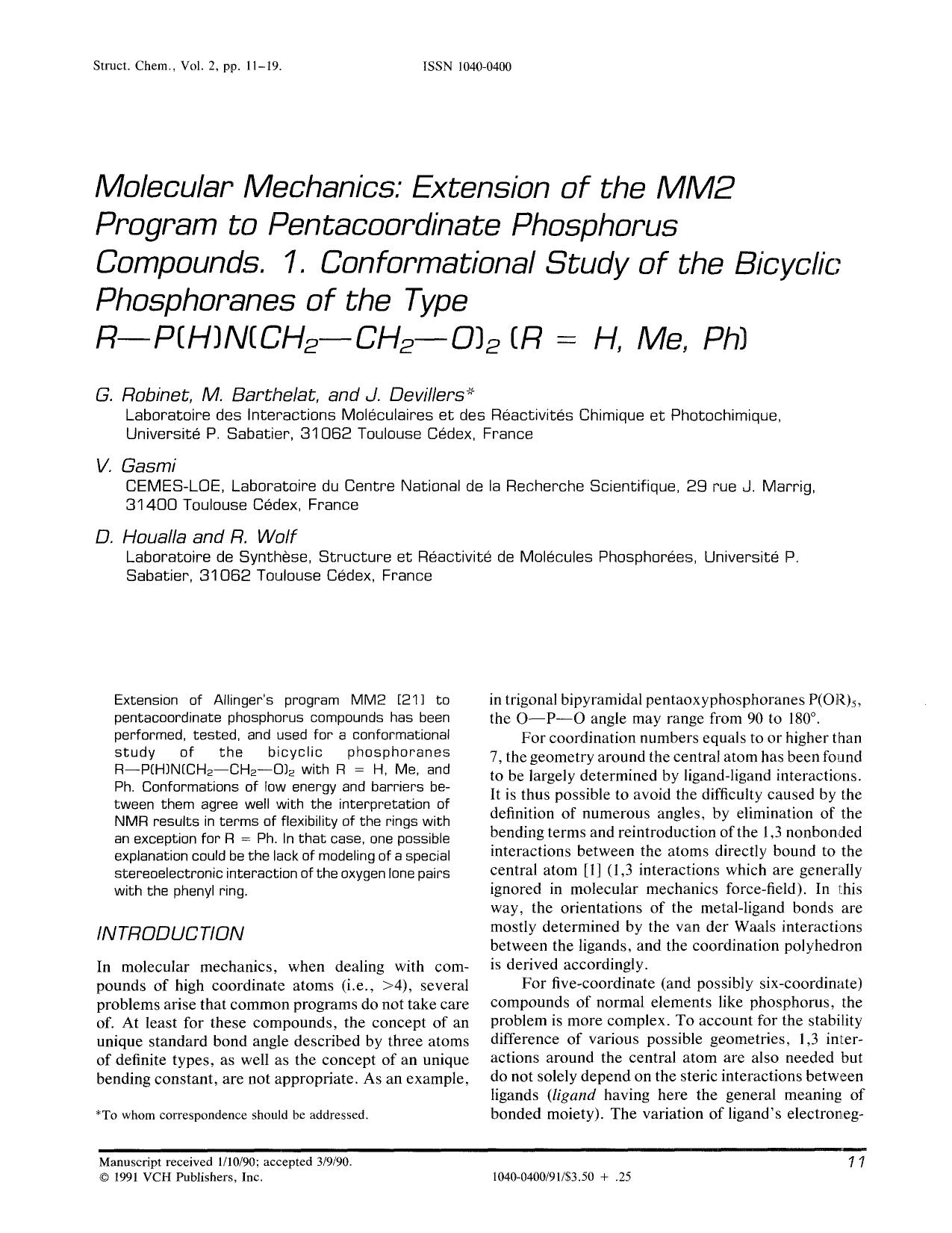 Molecular mechanics: Extension of the MM2 program to pentacoordinate phosphorus compounds. 1. Conformational study of the bicyclic phosphoranes of the type R-P(H)N(CH <Subscript>2 by Unknown