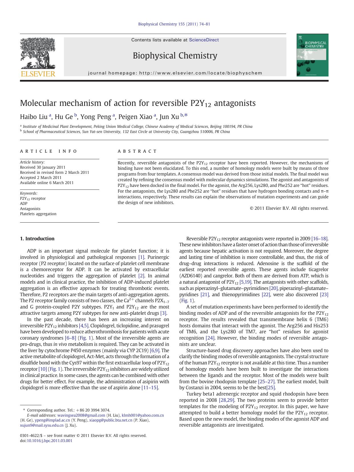 Molecular mechanism of action for reversible P2Y12 antagonists by Haibo Liu & Hu Ge & Yong Peng & Peigen Xiao & Jun Xu