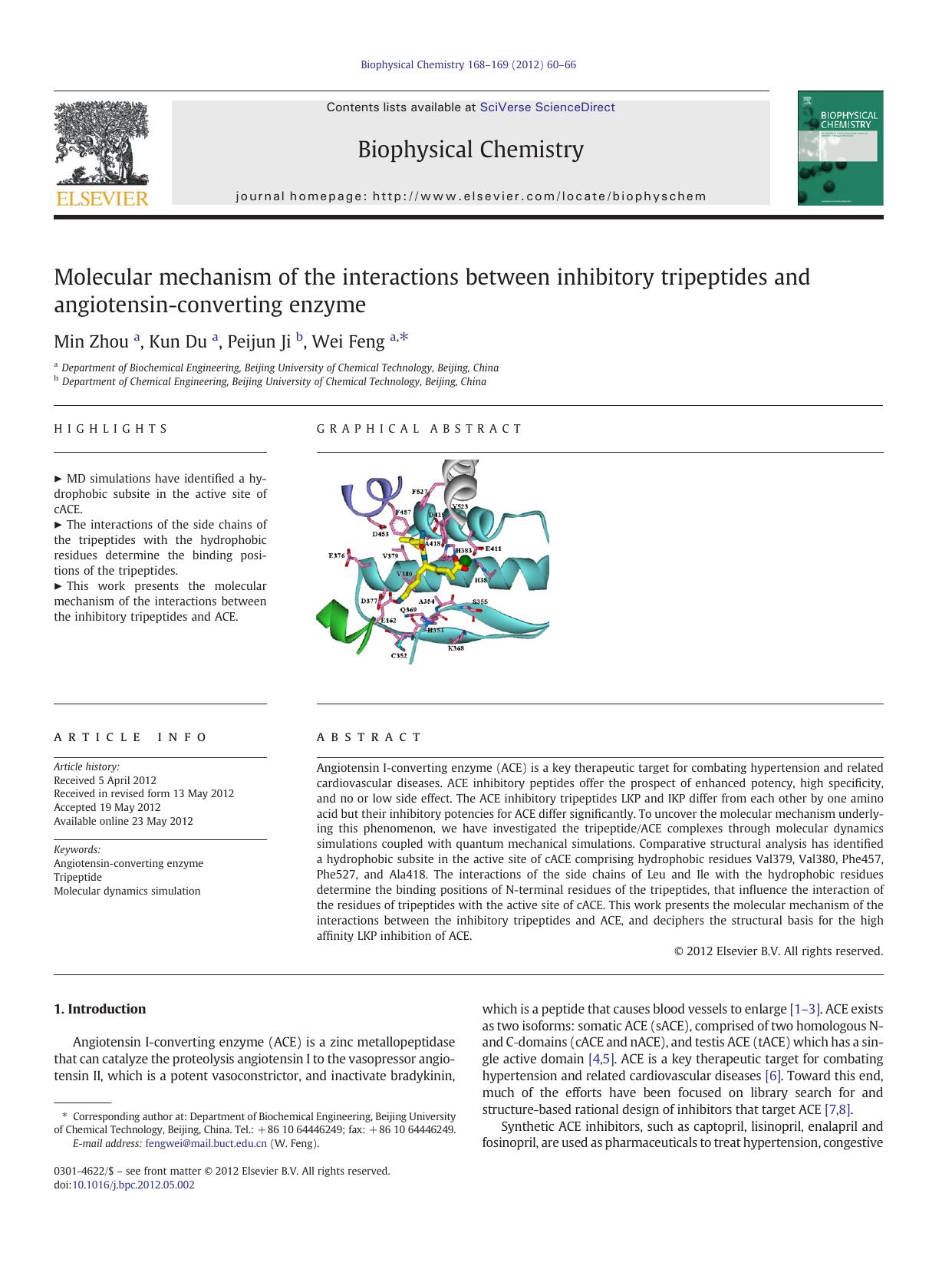 Molecular mechanism of the interactions between inhibitory tripeptides and angiotensin-converting enzyme by Min Zhou & Kun Du & Peijun Ji & Wei Feng