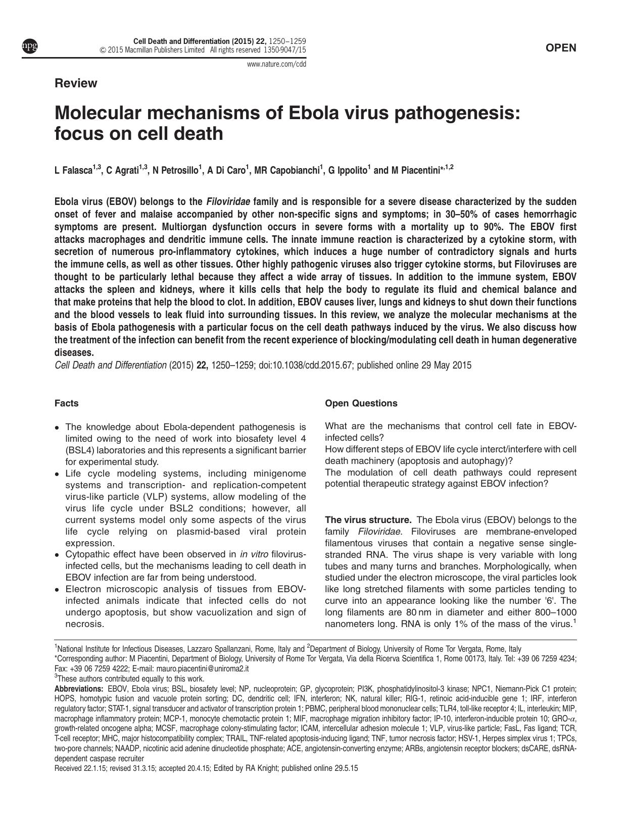 Molecular mechanisms of Ebola virus pathogenesis: focus on cell death by L Falasca & C Agrati & N Petrosillo & A Di Caro & M R Capobianchi & G Ippolito & M Piacentini &