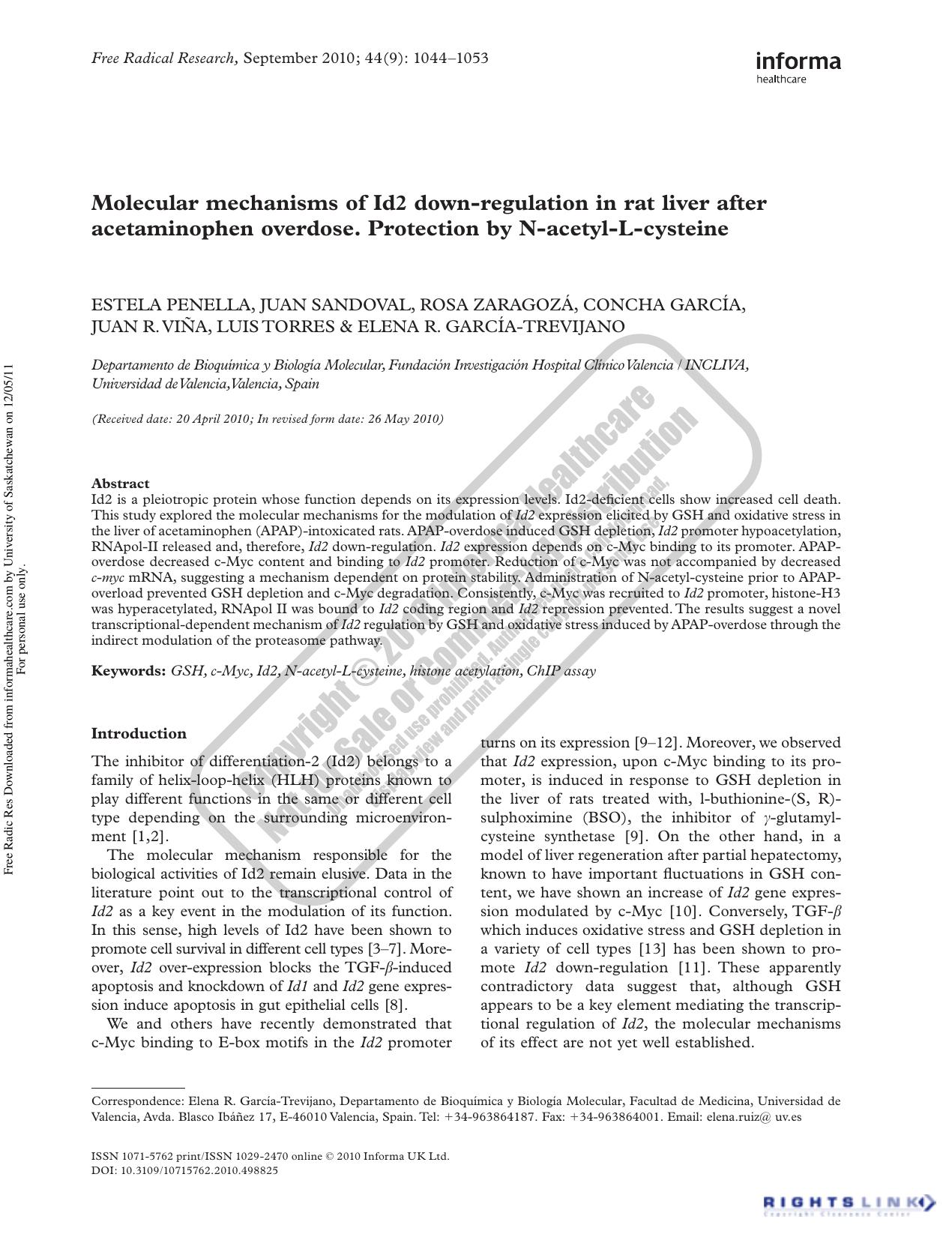 Molecular mechanisms of Id2 down-regulation in rat liver after acetaminophen overdose. Protection by N-acetyl-L-cysteine by unknow
