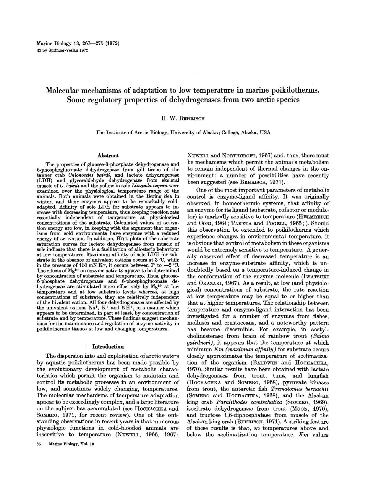 Molecular mechanisms of adaptation to low temperature in marine poikilotherms. Some regulatory properties of dehydrogenases from two arctic species by Unknown