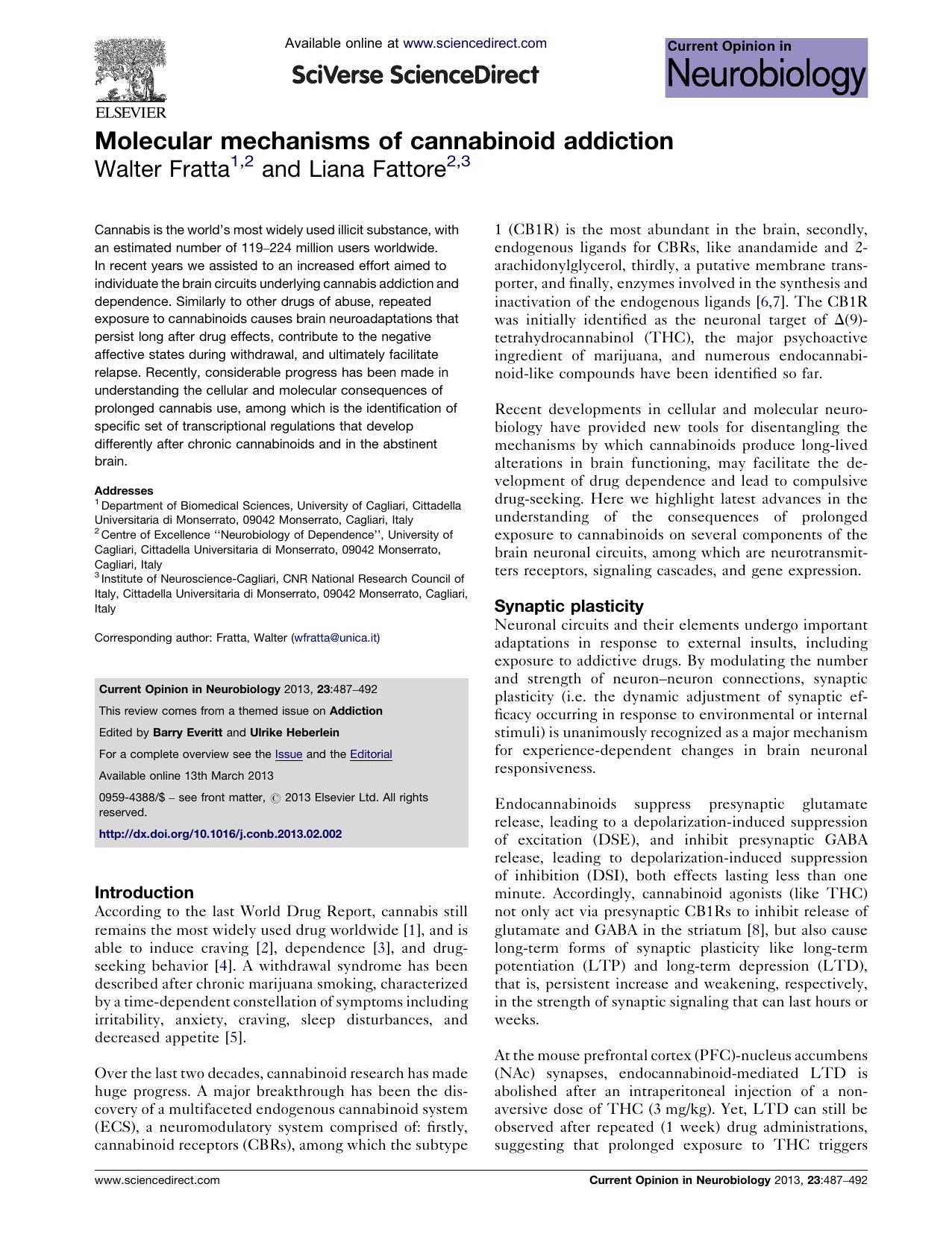 Molecular mechanisms of cannabinoid addiction by Walter Fratta & Liana Fattore